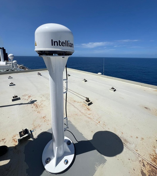 Intellian C700 Iridium Certus maritime satellite communication terminal installed on a ship deck.