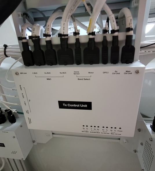 TX Control Unit VSAT transmission unit with multiple cables connected at the top.