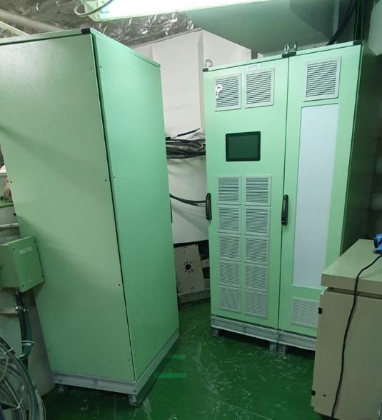 Industrial uninterruptible power supply (UPS) system installed onboard a marine vessel.